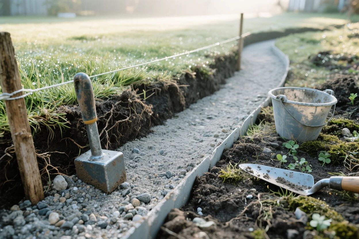 Angelegter Kiesstreifen mit eingesetzten Randsteinen im Garten, Werkzeug liegt bereit für die weitere Befestigung der Beetumrandung.